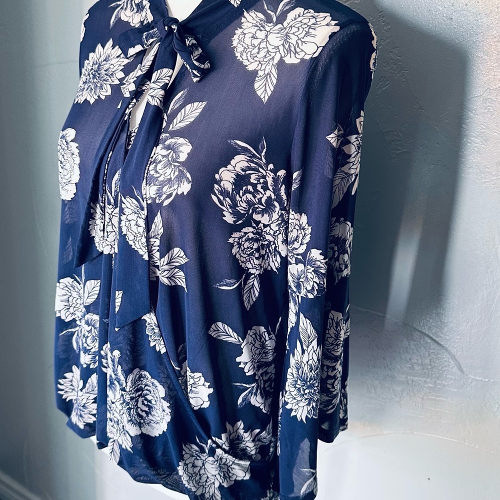 Blue and White Tie Front Blouse with Cut Out Details - Picture 2 of 5